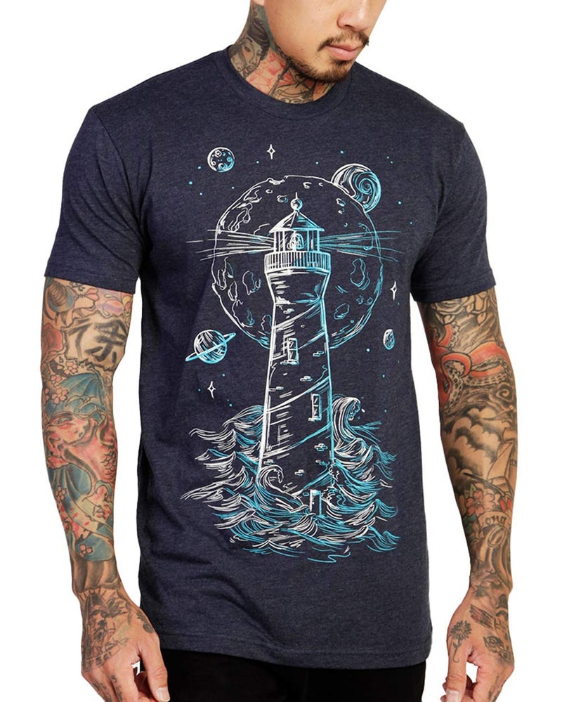 INTO THE AM Look Out Graphic Tee for Men - Short Sleeve Design T-Shirts (Navy, Large) - Image 1